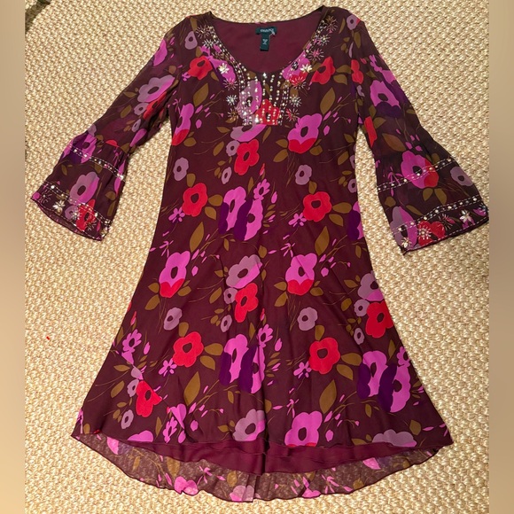 Y2K silk beaded embellished Floral Bell Sleeve Dress XL - Picture 1 of 13